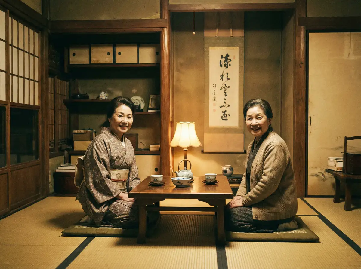两位优雅的 天天体育网网站 在日式茶室中品茶交谈